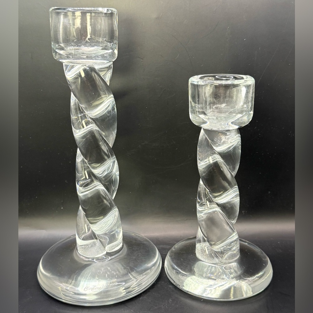 Cleybergh Belgium Solid Twist Rope Glass Hand Blown Candle Holders, set of 2